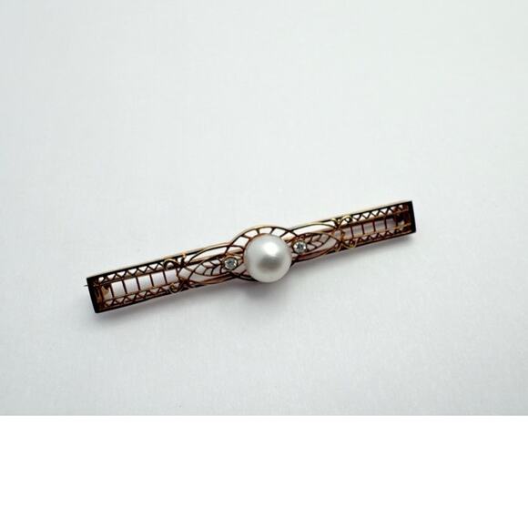 Antique Art Deco 14K Gold Filigree Bar Pin Brooch with Pearl & Diamonds c. 1920s - Picture 1 of 10